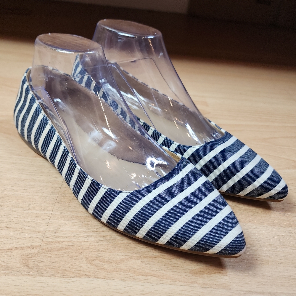 Talbots Poppy Pointed-Toe Ballet Flats‎ Blue White Stripe Cotton Canvas Size 8M